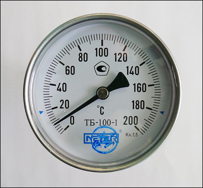 Термометр биметаллический с термогильзой d 15 ТБ-100-1 (d100/L50/t160C)