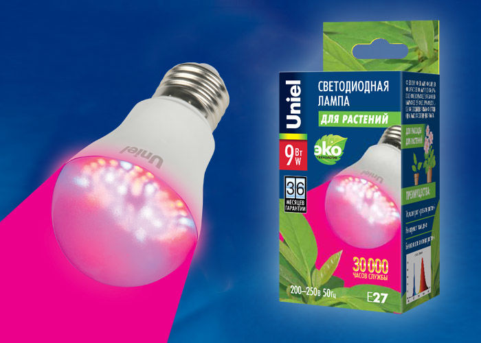 Лампа для растений LED-A60-9W/SP/E27/CL ALM01WH Uniel 09645