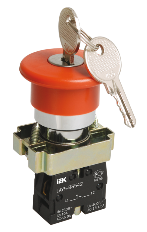 Кнопка LAY5-BS142 Гриб с ключом красная d22мм 1р 240В IEK
